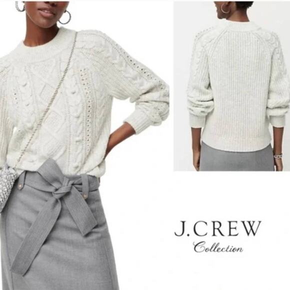 J. Crew Sweaters - J.Crew | Medium | Cream White Pom Pom Cable Knit Sweater Lambswool Blend